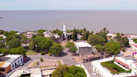 Aerial-orbit-of-the-historical-and-touristic-center-of-Colonia-del-Sacramento,-Uruguay