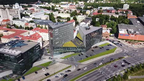 New-Modern-office-buildings-in-Kaunas-city-near-Akropolis,-aerial-drone-orbit-view