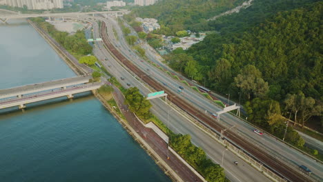Luftbild-Von-Hongkong-Chinesische-Asiatische-Stadtautobahn-Hauptstraßenverbindung-Während-Der-Hauptverkehrszeiten