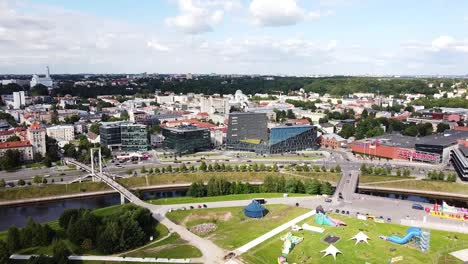 Nemunas-island-and-Kaunas-cityscape-on-sunny-bright-day,-aerial-view