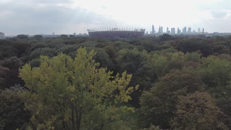 Drone-video-of-national-stadium-of-Poland-with-city-and-forest-in-the-background-on-a-cloud-day