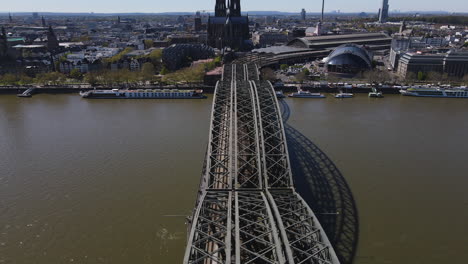 Flyover-Hohenzollern-Bridge-reveals-Cathedral-and-central-station-Cologne-Germany