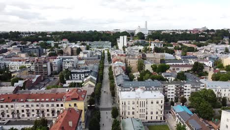 Rooftops-of-Kaunas-city-downtown,-aerial-drone-view