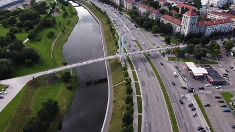 Simonas-Daukantas-bridge-in-Kaunas-city-over-King-Mindaugas-avenue,-aerial-view