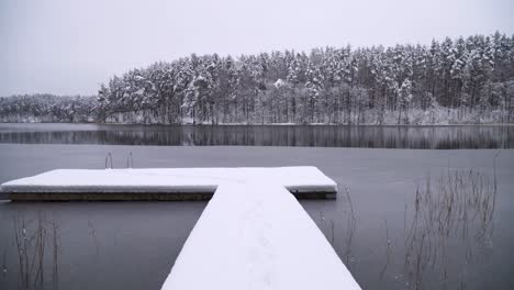 Ein-Schuss-Eines-Schneebedeckten-Docks-Mit-Einem-Metallischen-Handlauf-Und-Einem-Zugefrorenen-See,-Umgeben-Von-Einem-Kiefernwald-Im-Kalten-Winter