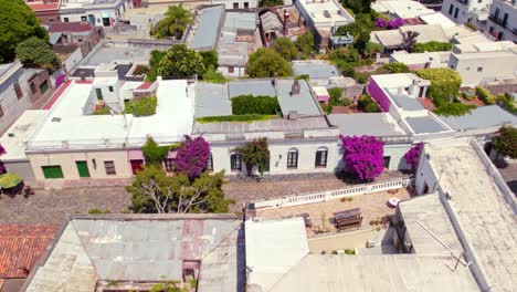 Dolly-in-aerial-view-of-the-historic-district-of-Colonia-del-Sacramento,-Uruguay-with-Buganvilias-trees,-stone-roads