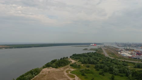 Curronian-lagoon-and-Harbor-of-Klaipeda,-aerial-drone-view