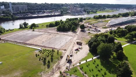 Active-construction-site-in-Kaunas-city,-aerial-drone-view