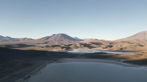 Laguna-Route-Panorama,-Bolivian-Lagoon,-Wetland-and-Volcanic-Mountains,-Dune-Formations-at-San-Pedro-de-Atacama-Desert,-South-America-Tour-Trip