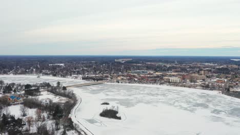 Aerial,-frozen-Wisconsin-River-during-winter-season-in-downtown-Stevens-Point