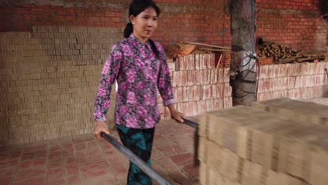 Frauen-Mit-Ziegeln-Und-Karren-Beladen-Einen-Großen-Brennofen,-Provinz-Vinh-Long-Im-Mekong-Delta,-Vietnam