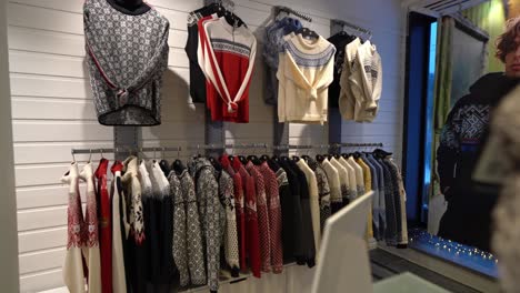 Wall-display-of-knitted-wool-sweathers-inside-Dale-Of-Norway-factory-outlet-in-Dalekvam-Norway
