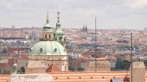 Establishing-shot-panning-across-Prague-city-skyline-with-church-roof