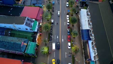 Aerial-footage-of-the-main-street-in-Ao-Nang-Beach,-Krabi,-South-Thailand