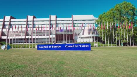 Closeup-of-the-front-of-the-European-Council-in-Strasbourg,-Alsace,-France-on-a-warm-and-sunny-day