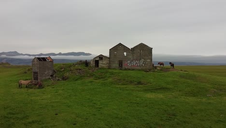 Vandalized-old-stone-building-with-horses-grazing-in-meadow,-drone-view