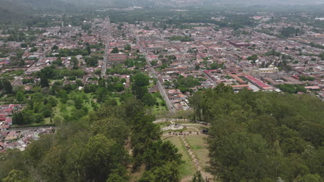 High-aerial-overview-of-the-Cerro-de-La-Cruz-in-Antigua,-Guatemala