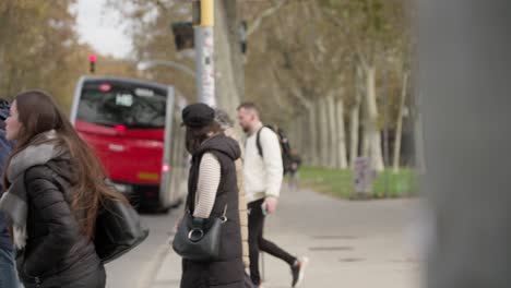 Citizens-of-Barcelona-walking-over-crosswalk,-slow-motion-view