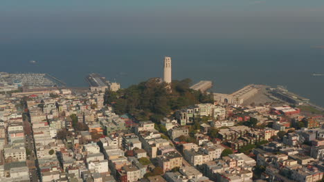 Circling-aerial-shot-around-Coit-tower-San-Francisco