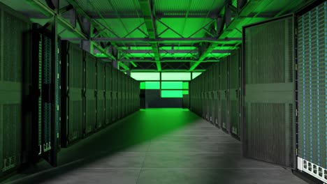 Green-flashing-light-in-warehouse-lined-with-data-servers