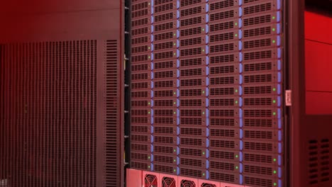 Riser-shot-of-computer-servers-in-warehouse---blinking-red-lights-error