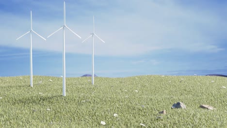 3D-Animation-Von-Sich-Drehenden-Windkraftanlagen-Gegen-Blauen-Himmel-Auf-Der-Grünen-Wiese
