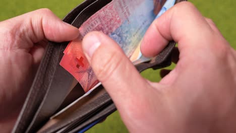 Man-opening-purse-and-checking-swiss-franc-banknotes,close-up