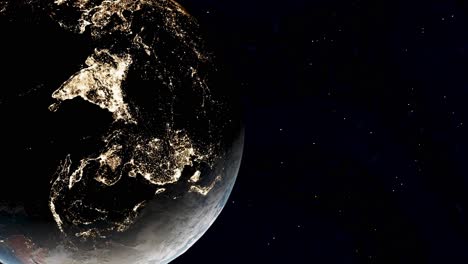 Nachts-Rotierende-Erde-Aus-Dem-Weltraum,-Lichtverschmutzung-Mit-Stadtlichtern,-Vertikale-3D-Darstellung