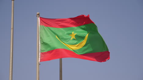 National-Flag-of-Mauritania-Waving-on-Pole,-Close-Up-Slow-Motion