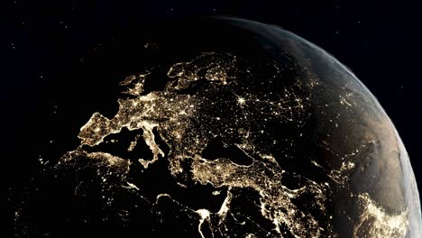 Globe-view-from-space-at-night-of-illuminated-European-countries-and-surrounds