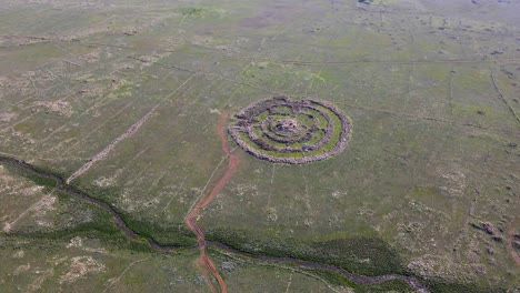 Drone-wide-shot,-aerial-view-of-Wheel-of-Giants-circular-stone-structure,-Israel