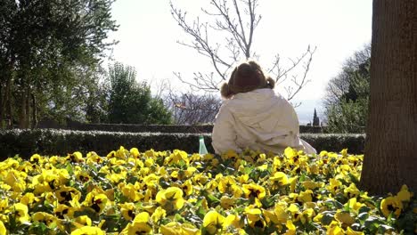 Person-Mit-Rücken-Hinter-Gelben-Blumen,-Die-Still-Steht-Und-Einen-Russischen-Hut-Trägt,-Der-Wie-Ein-Teddybär-Aussieht