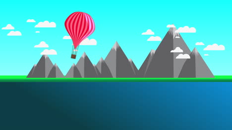Roter-Heißluftballon,-Der-über-Berge-Reist---Cartoon