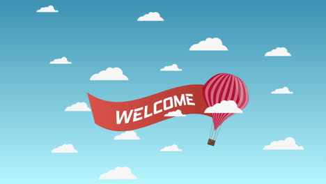 Banner-De-Bienvenida-Volando-Con-Paracaídas-Volando-Detrás-De-Las-Nubes-En-El-Cielo-Azul