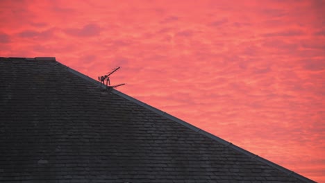 Close-up-of-a-roof-with-a-red-sky-in-the-background