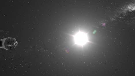 Orion-Artemis-Kapsel-Bewegt-Sich-Langsam-An-Der-Kamera-Vorbei-Mit-Sonneneruption-Und-Hintergrund-Der-Milchstraße---3D-CGI-Animation-4k