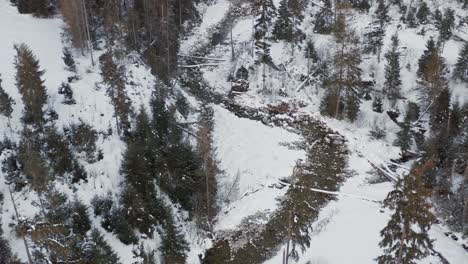 Filmische-Antenne-Vorwärts-über-Verschneiten-Wald-Und-Fluss-Und-Verlassene-Straße