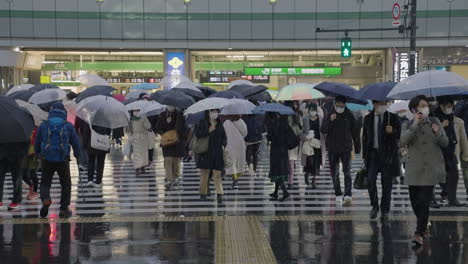 Peatones-Con-Paraguas-Cruzando-El-Cruce-De-Peatones-Durante-Aguanieve-En-Tokio,-Japón