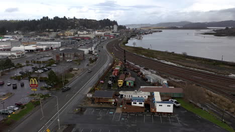 Aerial-View-Of-Oregon-Coast-Historical-Railway-Museum-In-Coos-Bay,-Oregon