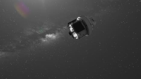 Orion-Artemis-Kapsel-Auf-Dem-Weg-Zum-Mond,-Um-Menschen-Zu-Landen,-Um-Auf-Der-Oberfläche-Mit-Sonneneruption-Und-Hintergrund-Der-Milchstraße-Zu-Laufen---3D-CGI-Animation-4k