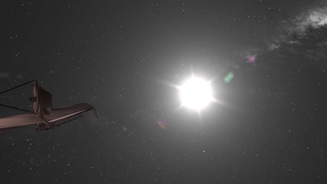 Telescopio-Espacial-James-Webb-Jwst-Orbitando-El-Sol-Con-Destellos-Y-Tomando-Fotos-Del-Universo-Primitivo---Animación-3d-Cgi-4k