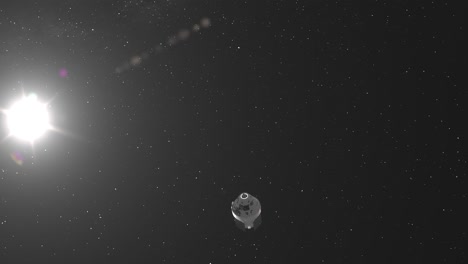 Orion-Artemis-Kapsel,-Die-An-Der-Kamera-Vorbei-Aufsteigt,-Mit-Sonneneruption-Und-Hintergrund-Der-Milchstraße---3D-CGI-Animation-4k