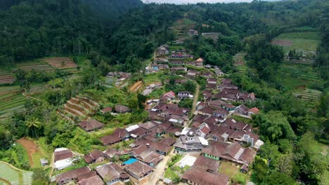 Scenic-aerial-view-of-exotic-Sutopati-Village-on-hill-in-Central-Java,-Indonesia