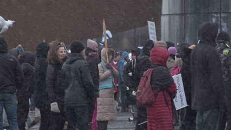 Medium-wide-shot-of-protesters-standing-with-flags-and-placards-at-a-protest-in-Helsinki,-cold-snowy-weather
