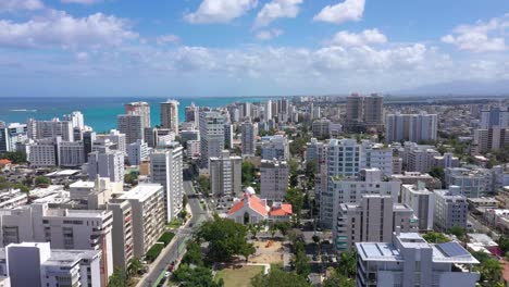 San-Juan-Puerto-Rico-Condado-Parroquia-Stella-Maris-Catholic-Church-Cinematic-Drone-Shot-with-colorful-beach-and-cristal-clear-sky