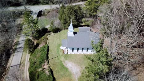Aerial-looking-down-on-Country-Church-in-the-NC-High-Country