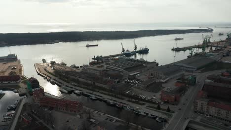 AERIAL:-Klaipeda-Central-Ferry-Port-Terminal-the-Old-Ferry-Port-on-a-Very-Cloudy-Day-in-Spring