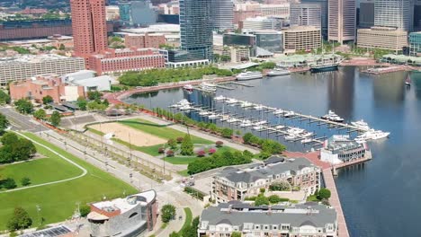 Inner-Harbor-of-Baltimore,-Maryland-with-anchored-small-boats-and-tall-buildings-in-the-background