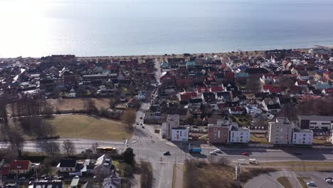 Aerial-footage-over-sunny-Helsingborg-in-Skåne,-Sweden