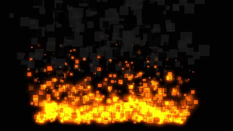 Gran-Fuego-De-Píxeles-Con-Humo-Gris-Ardiendo-Sobre-Fondo-Negro,-Animación-De-Estilo-De-Píxeles-2d
